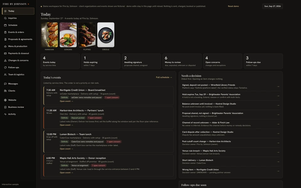 Fire by Johnson catering dashboard with food photography, four sample events, pending decisions and follow-ups.