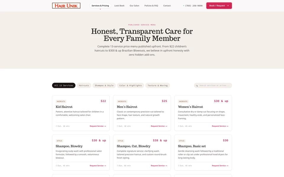 Hair Unik service menu with category filters, haircut prices, durations and request links.