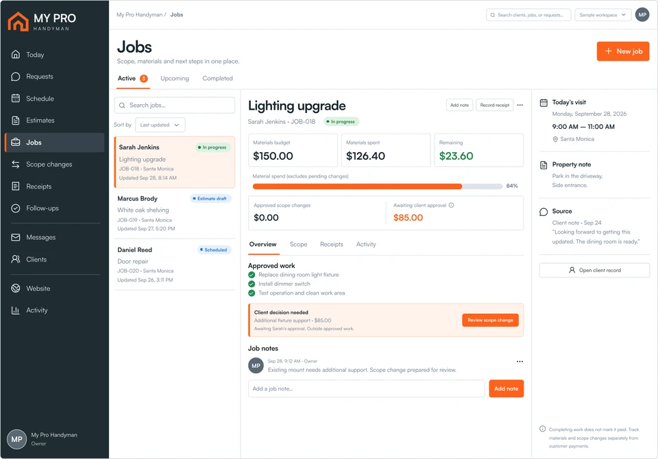 My Pro Handyman Jobs workspace showing a lighting job, materials budget and pending scope change.