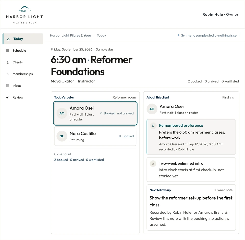 Harbor Light branded first-visit screen showing Amara’s booking, recorded preference, intro-offer timing and preparation note.